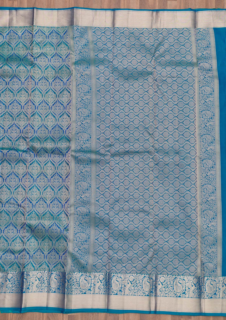 Peacock Blue Zariwork Pure Silk Saree-Koskii