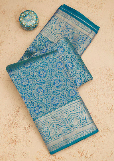 Peacock Blue Zariwork Pure Silk Saree-Koskii