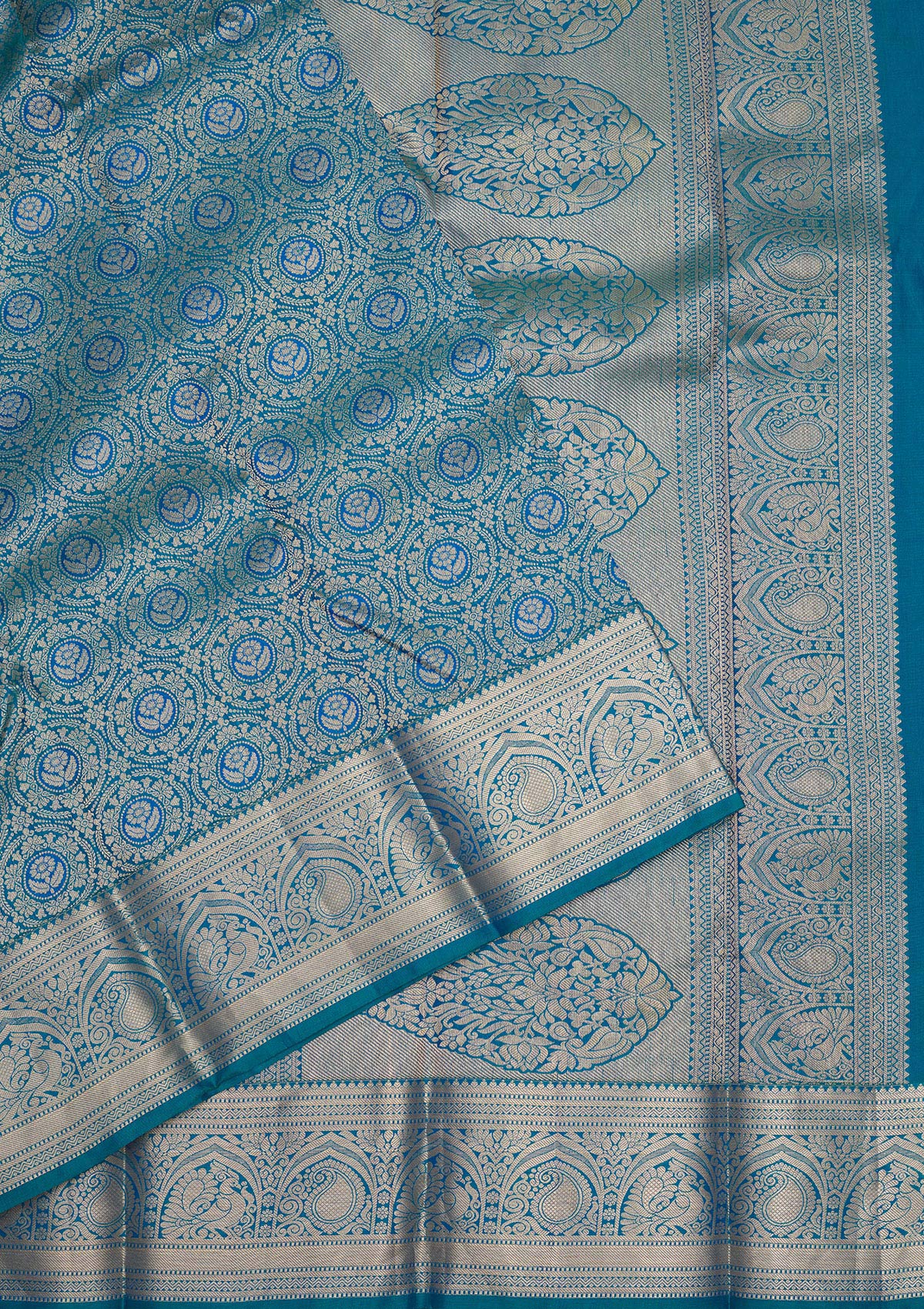 Peacock Blue Zariwork Pure Silk Saree-Koskii