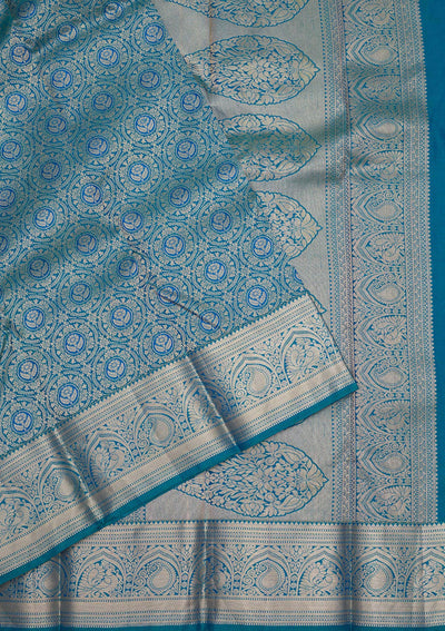 Peacock Blue Zariwork Pure Silk Saree-Koskii