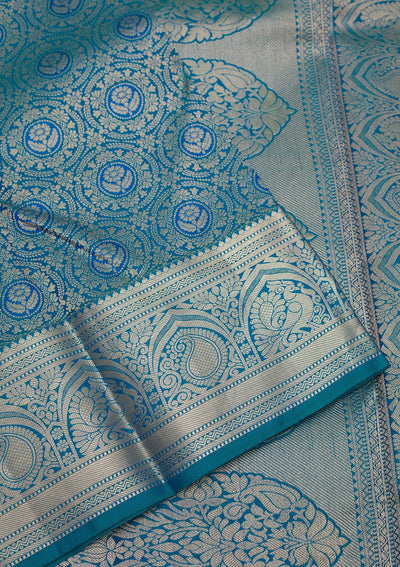 Peacock Blue Zariwork Pure Silk Saree-Koskii