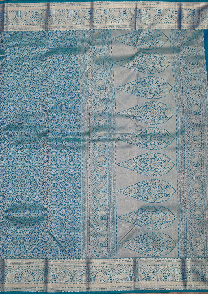 Peacock Blue Zariwork Pure Silk Saree-Koskii