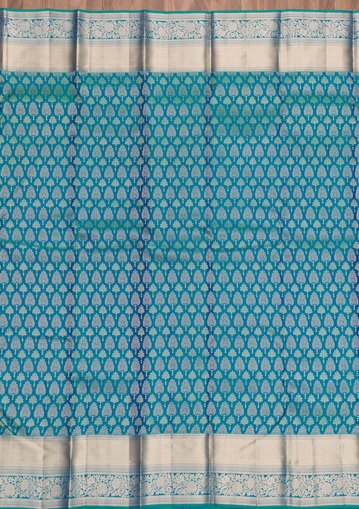 Peacock Blue Zariwork Pure Silk Saree-Koskii