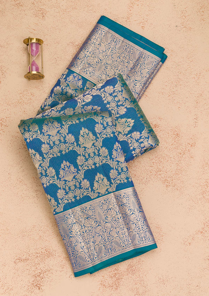 Peacock Blue Zariwork Pure Silk Saree-Koskii