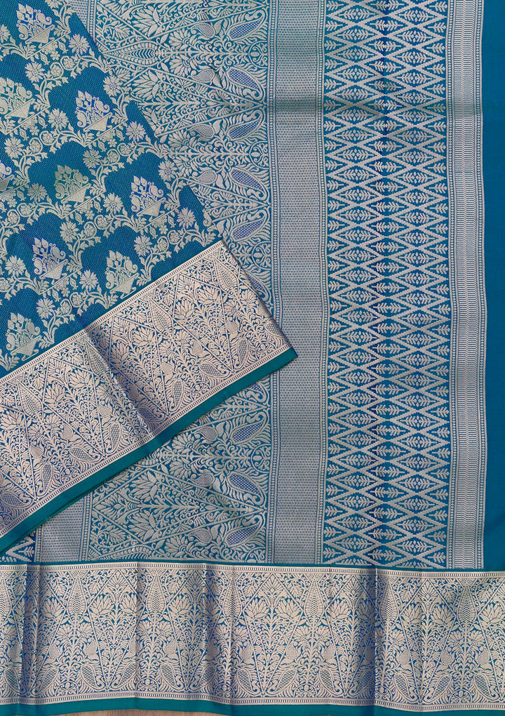 Peacock Blue Zariwork Pure Silk Saree-Koskii