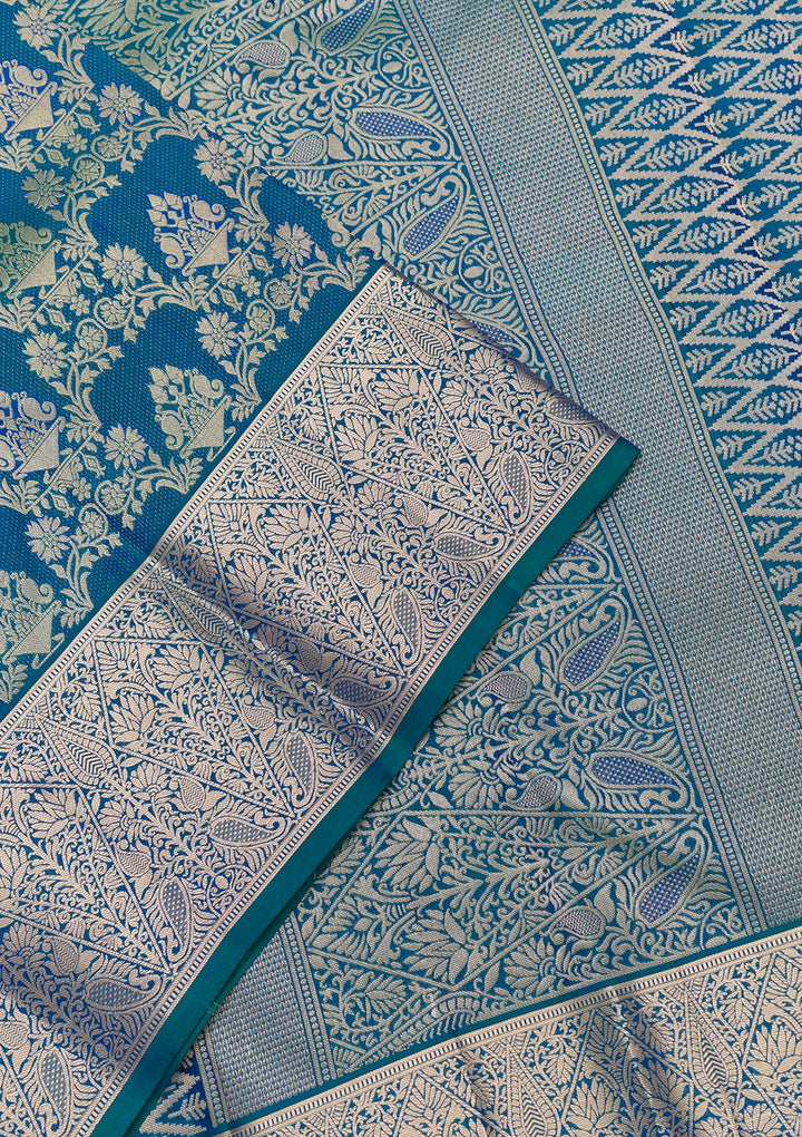 Peacock Blue Zariwork Pure Silk Saree-Koskii