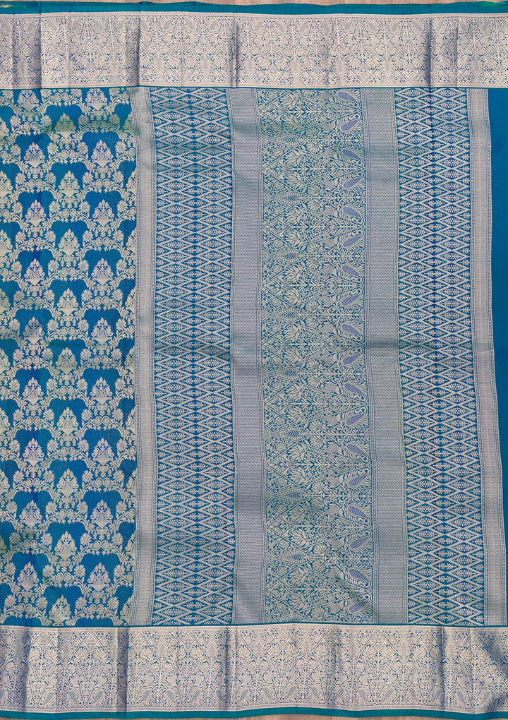 Peacock Blue Zariwork Pure Silk Saree-Koskii
