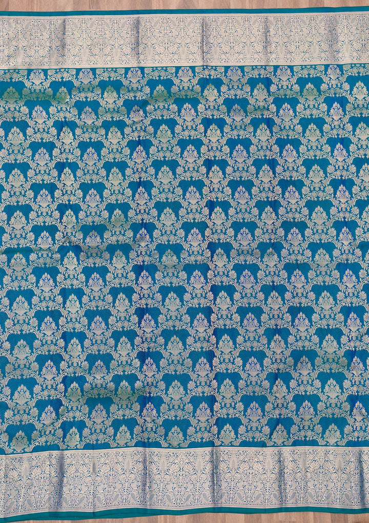 Peacock Blue Zariwork Pure Silk Saree-Koskii