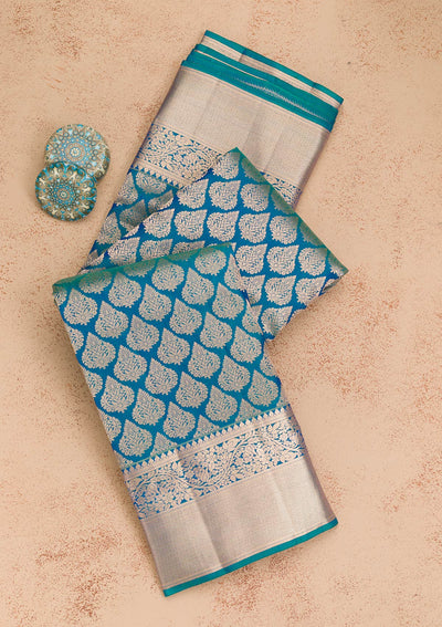 Peacock Blue Zariwork Pure Silk Saree-Koskii