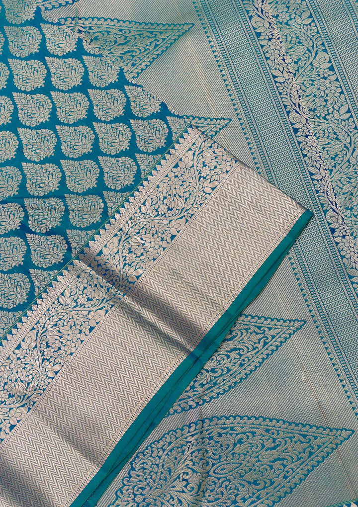 Peacock Blue Zariwork Pure Silk Saree-Koskii