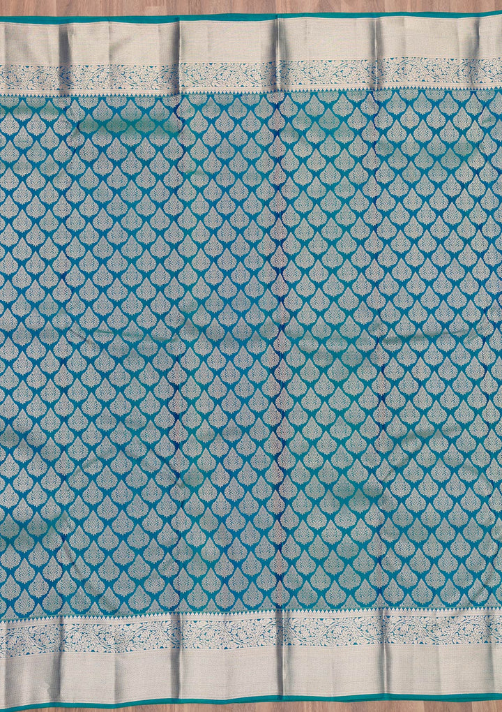Peacock Blue Zariwork Pure Silk Saree-Koskii
