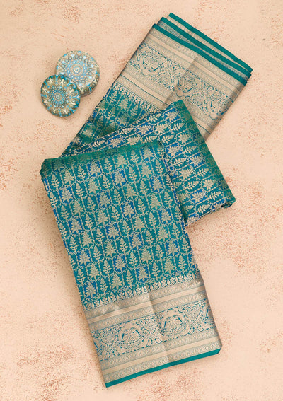 Peacock Blue Zariwork Pure Silk Saree-Koskii