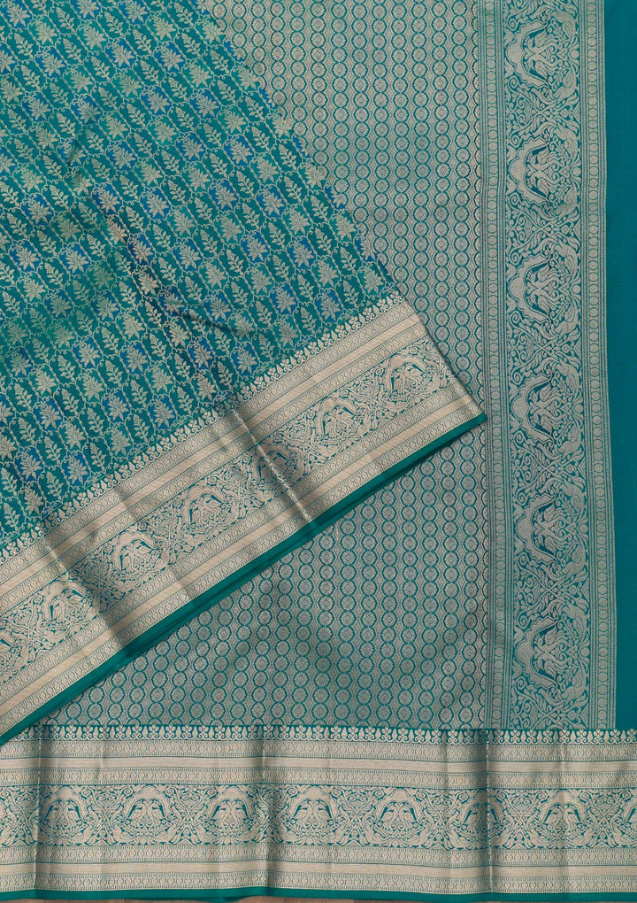 Peacock Blue Zariwork Pure Silk Saree-Koskii