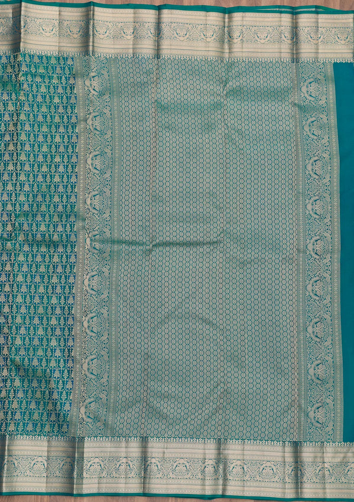 Peacock Blue Zariwork Pure Silk Saree-Koskii