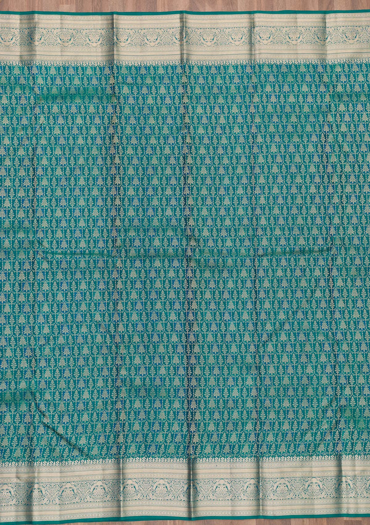 Peacock Blue Zariwork Pure Silk Saree-Koskii