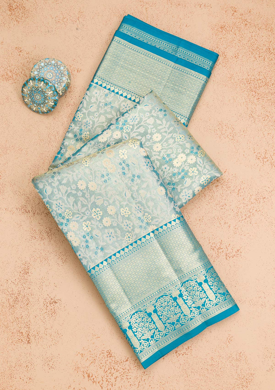 Peacock Blue Zariwork Pure Silk Saree-Koskii