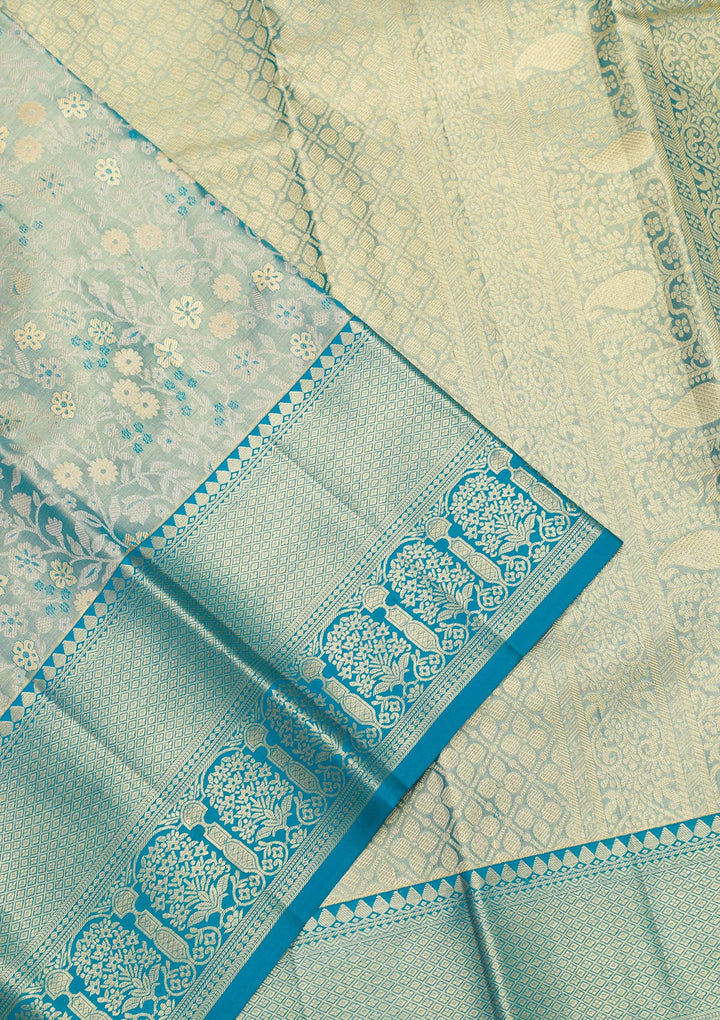 Peacock Blue Zariwork Pure Silk Saree-Koskii