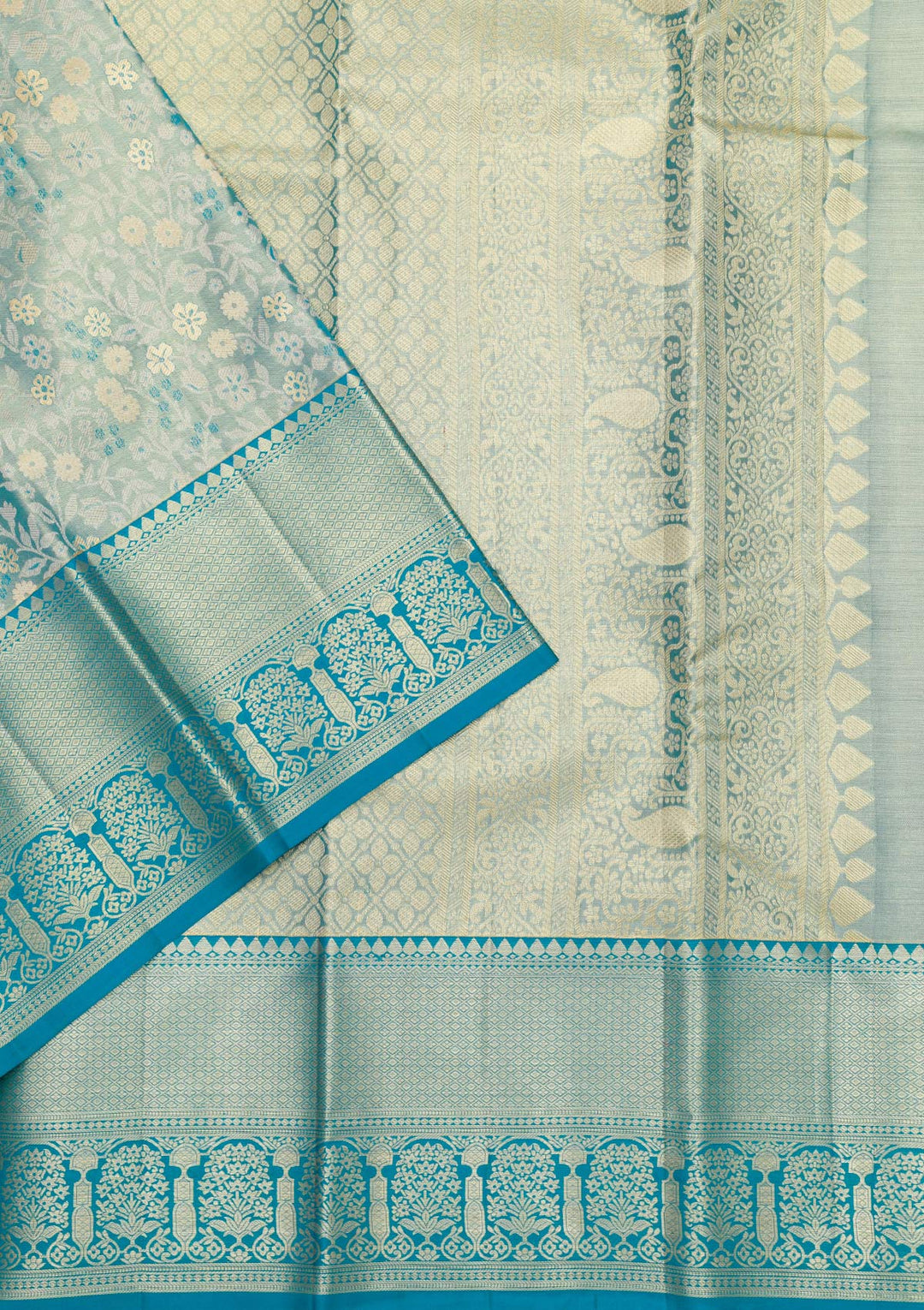 Peacock Blue Zariwork Pure Silk Saree-Koskii