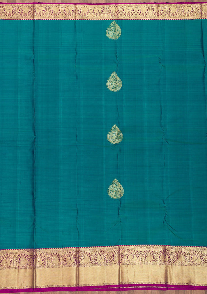 Peacock Blue Zariwork Pure Silk Saree-Koskii