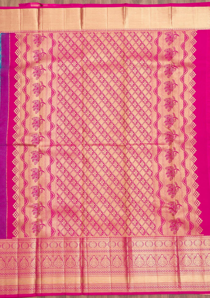 Peacock Blue Zariwork Pure Silk Saree-Koskii