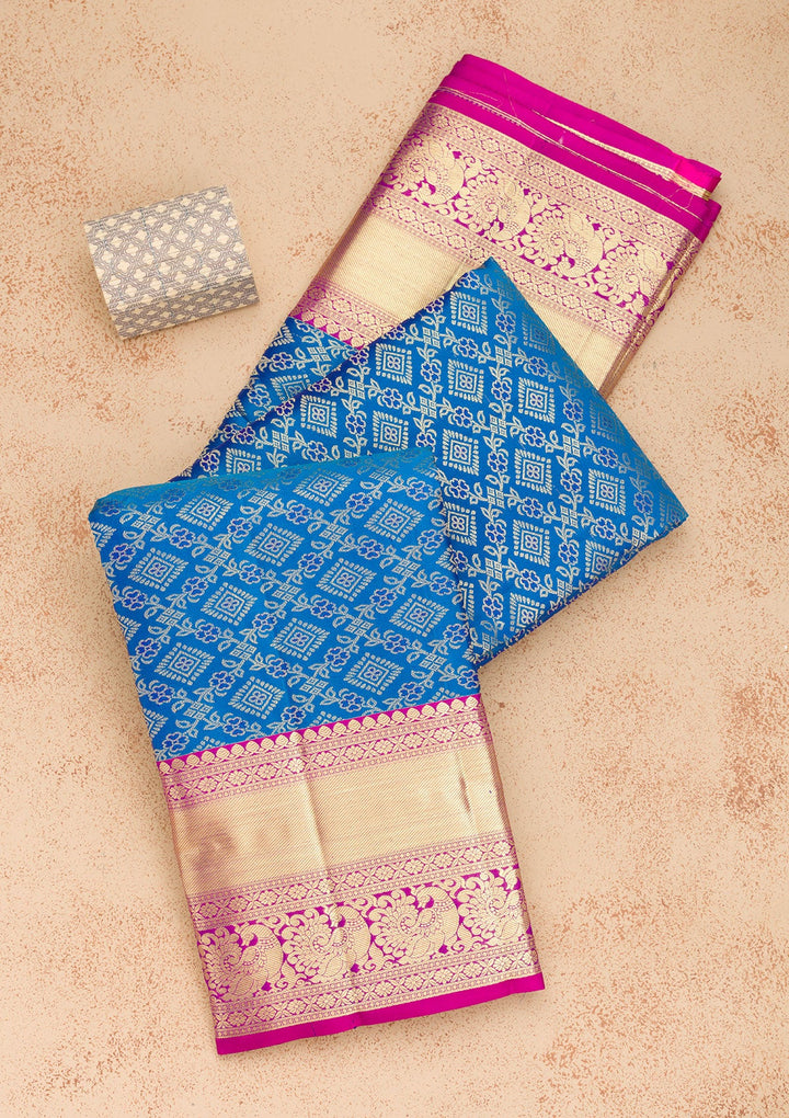 Peacock Blue Zariwork Pure Silk Saree-Koskii
