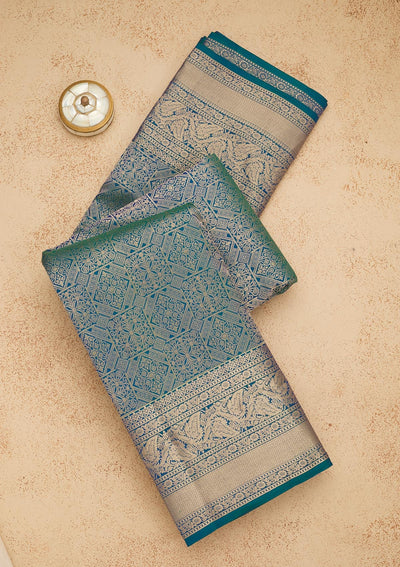 Peacock Blue Zariwork Pure Silk Saree-Koskii