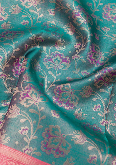 Peacock Blue Zariwork Pure Silk Saree-Koskii