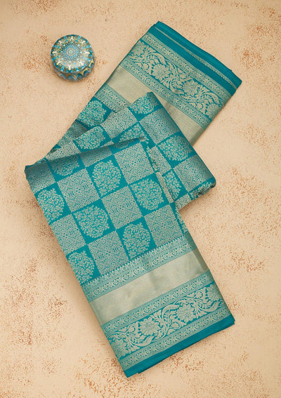 Peacock Blue Zariwork Pure Silk Saree-Koskii