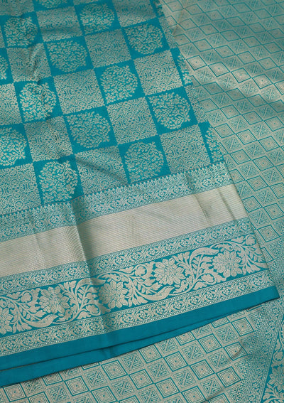 Peacock Blue Zariwork Pure Silk Saree-Koskii