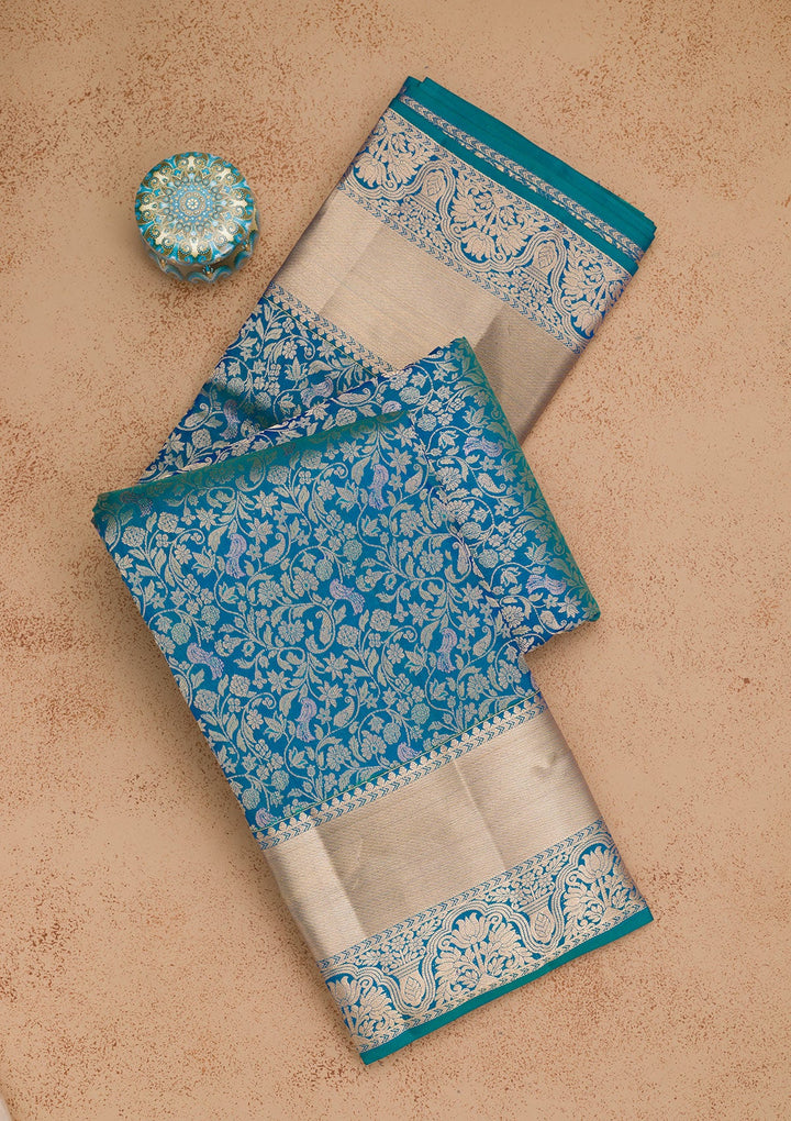 Peacock Blue Zariwork Pure Silk Saree-Koskii