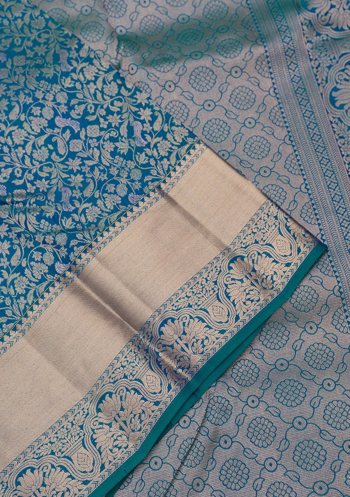 Peacock Blue Zariwork Pure Silk Saree-Koskii