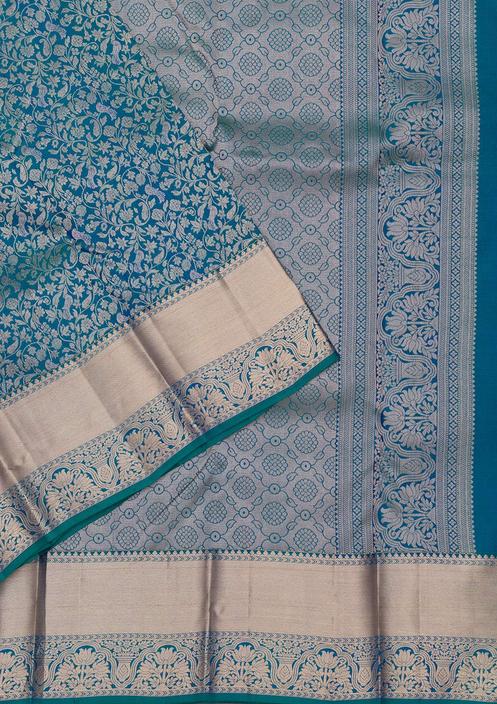 Peacock Blue Zariwork Pure Silk Saree-Koskii