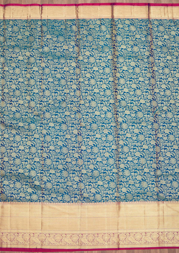 Peacock Blue Zariwork Pure Silk Saree-Koskii