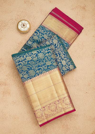 Peacock Blue Zariwork Pure Silk Saree-Koskii