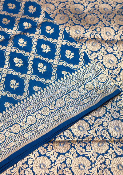 Peacock Blue Zariwork Pure Silk Saree-Koskii