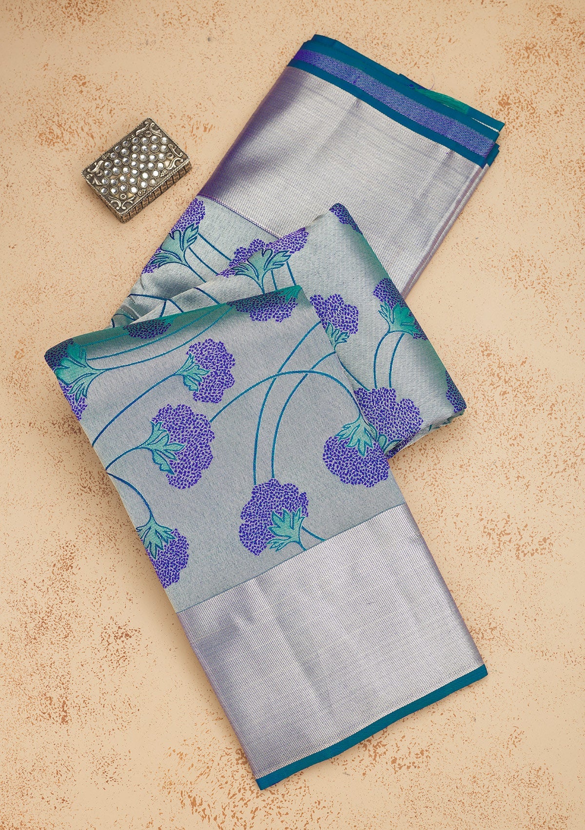 Peacock Blue Zariwork Pure Silk Saree-Koskii