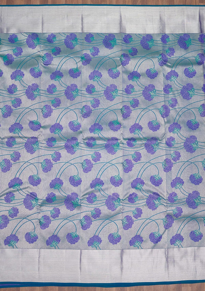 Peacock Blue Zariwork Pure Silk Saree-Koskii