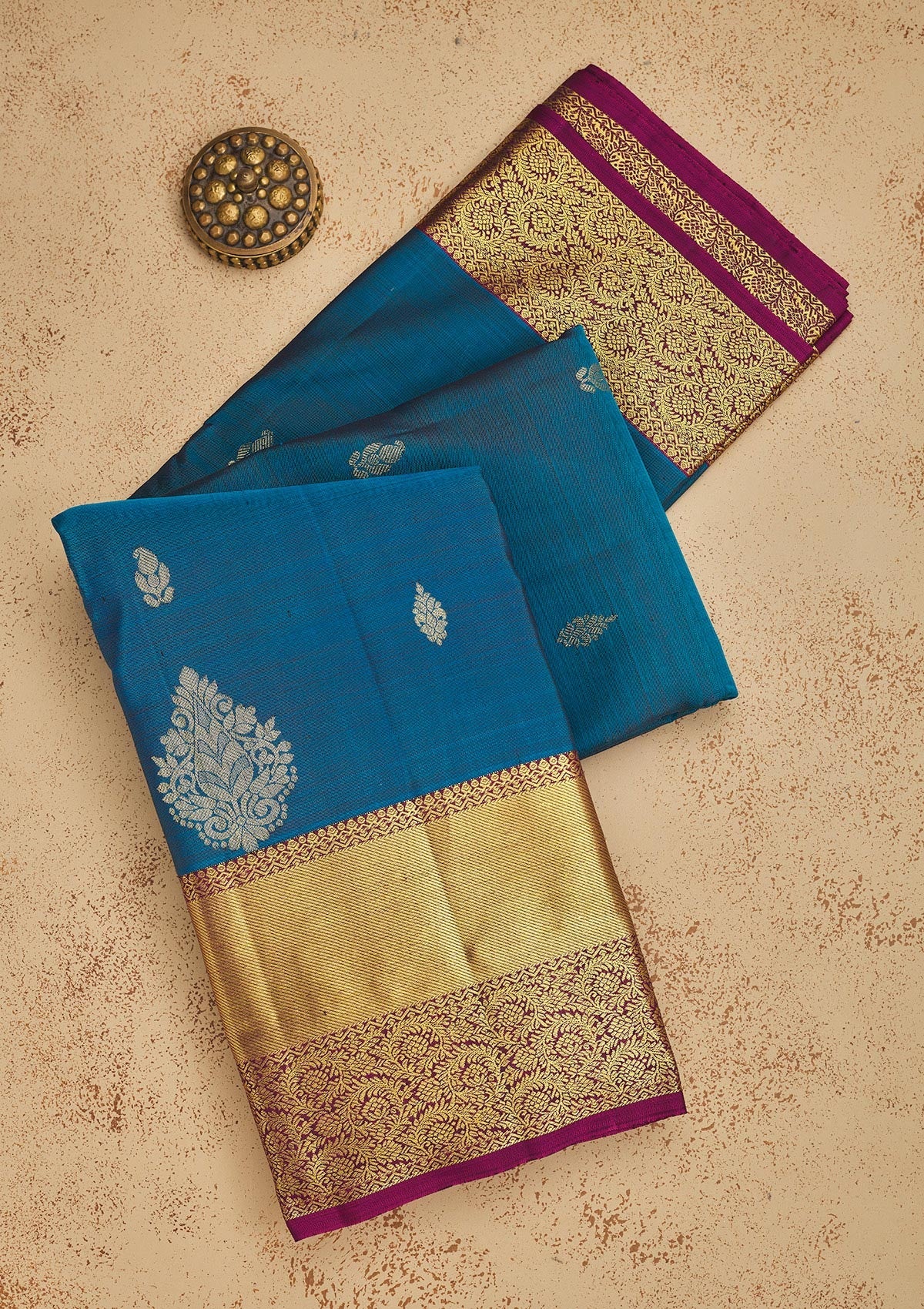 Peacock Blue Zariwork Pure Silk Saree-Koskii