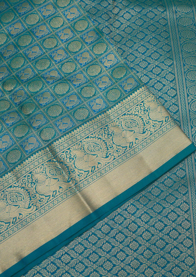 Peacock Blue Zariwork Pure Silk Saree-Koskii