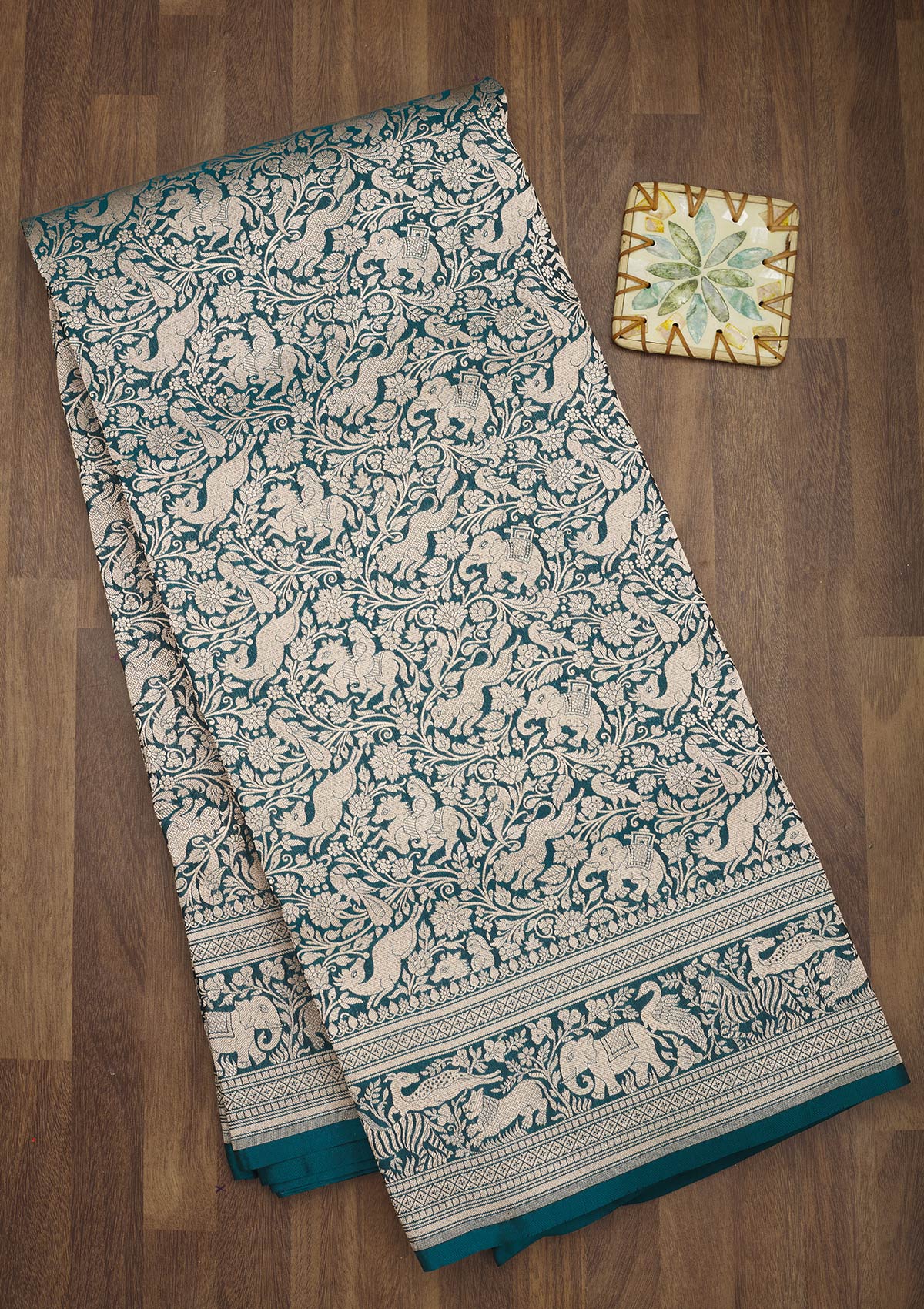 Peacock Blue Zariwork Pure Silk Saree-Koskii