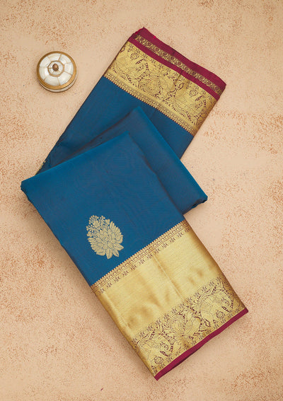 Peacock Blue Zariwork Pure Silk Saree-Koskii