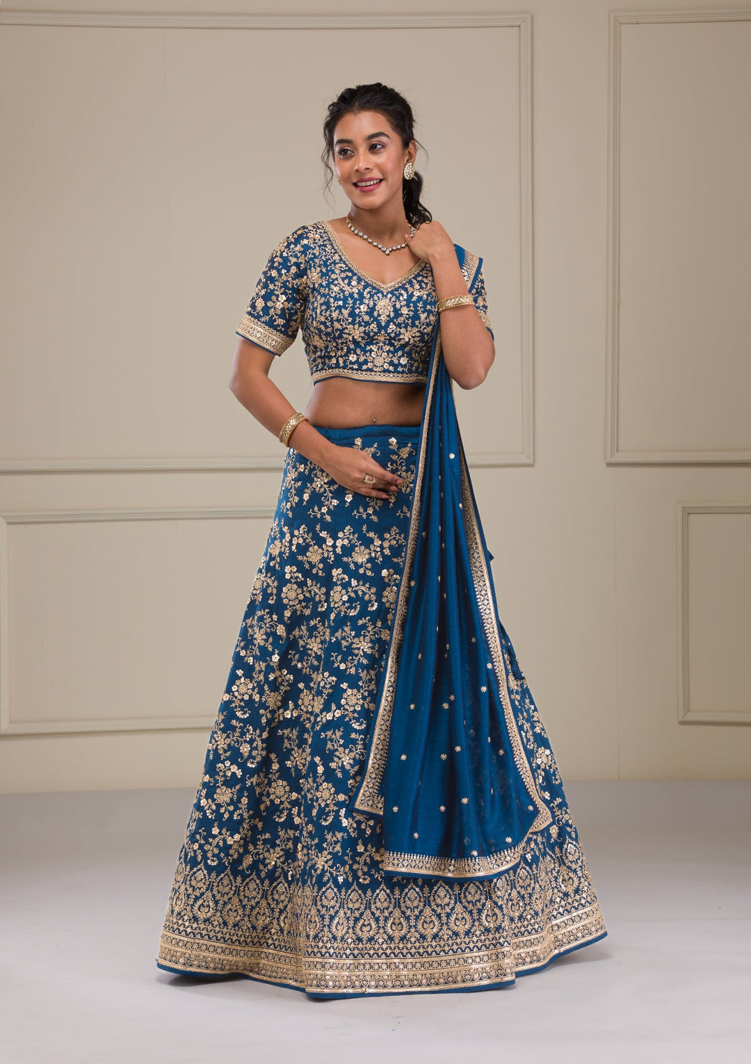 Peacock Blue Zariwork Raw Silk Readymade Lehenga-Koskii