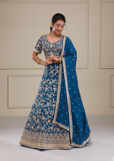 Peacock Blue Zariwork Raw Silk Readymade Lehenga-Koskii