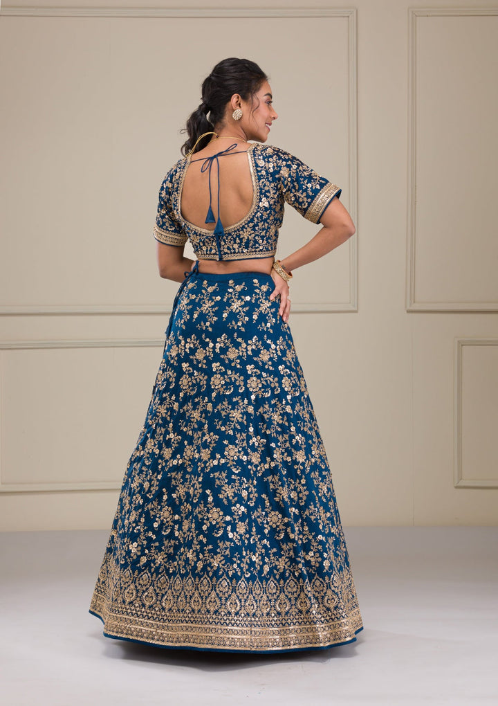 Peacock Blue Zariwork Raw Silk Readymade Lehenga-Koskii