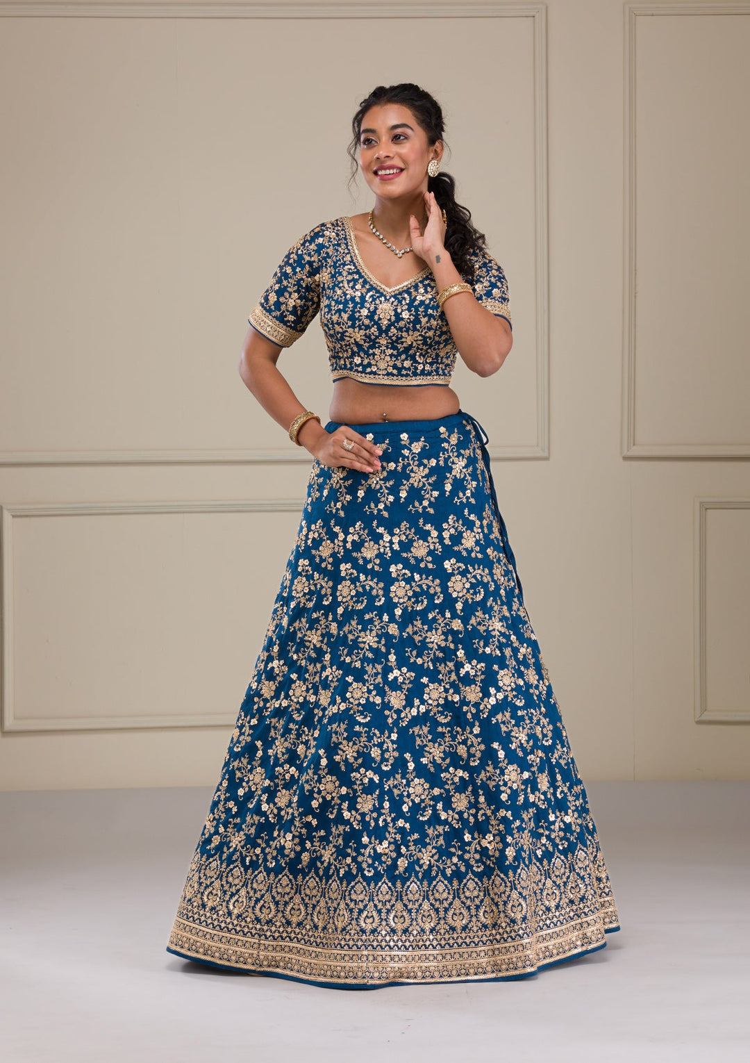 Peacock Blue Zariwork Raw Silk Readymade Lehenga-Koskii
