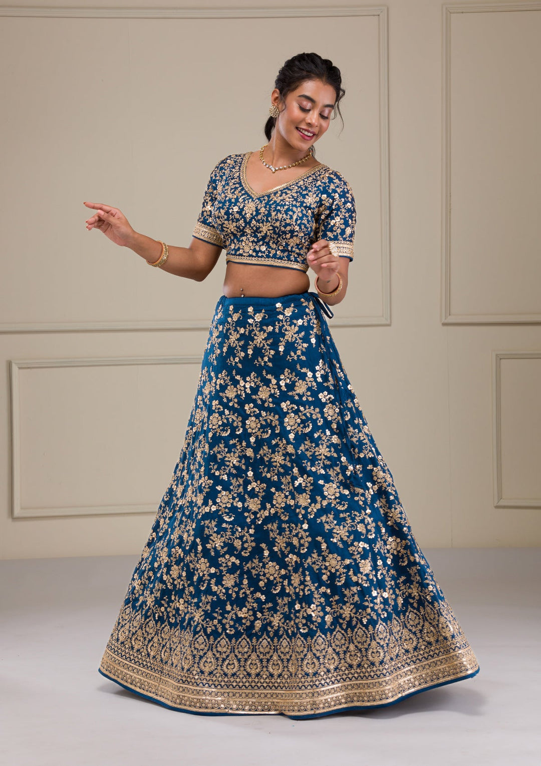 Peacock Blue Zariwork Raw Silk Readymade Lehenga-Koskii