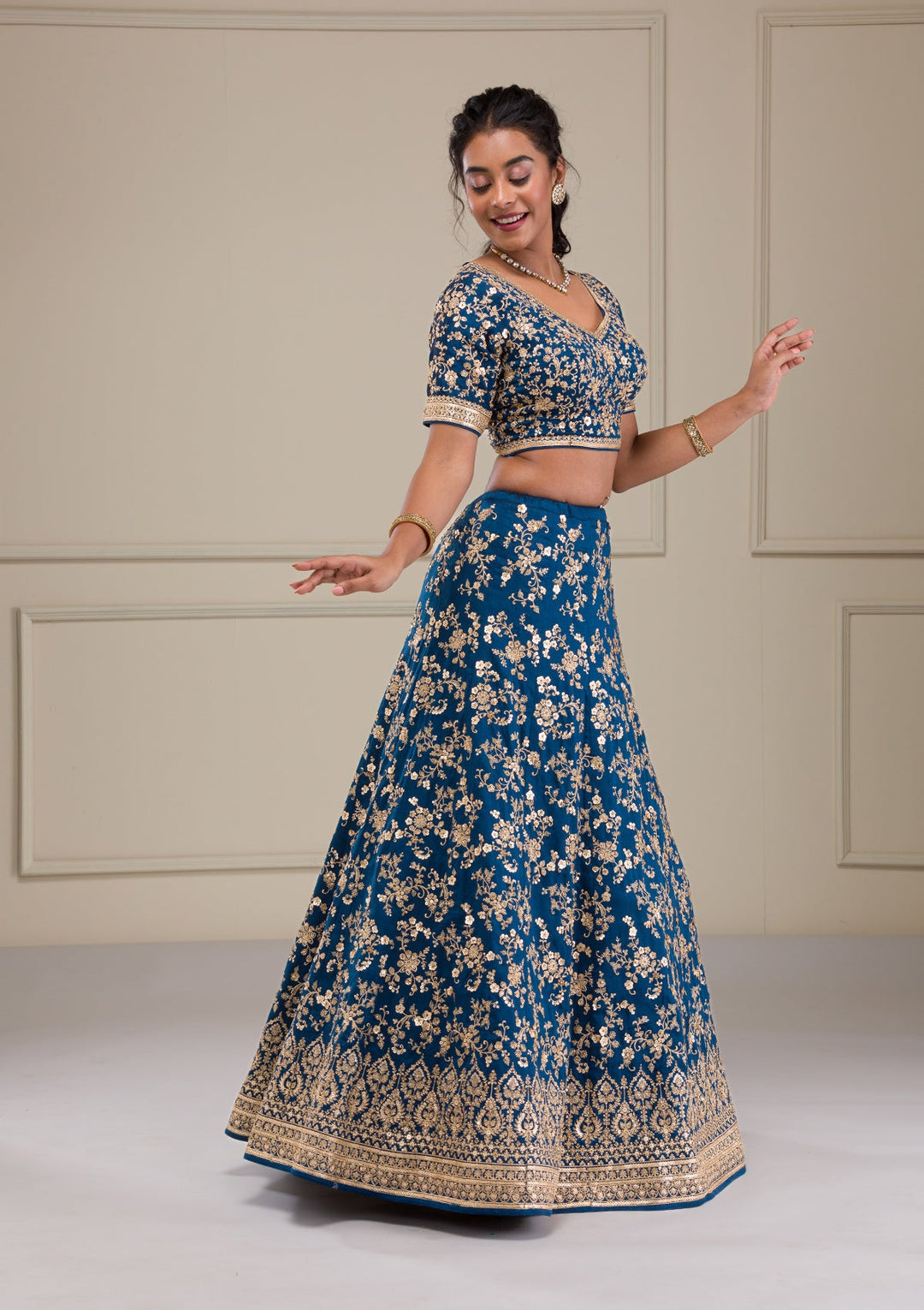 Peacock Blue Zariwork Raw Silk Readymade Lehenga-Koskii