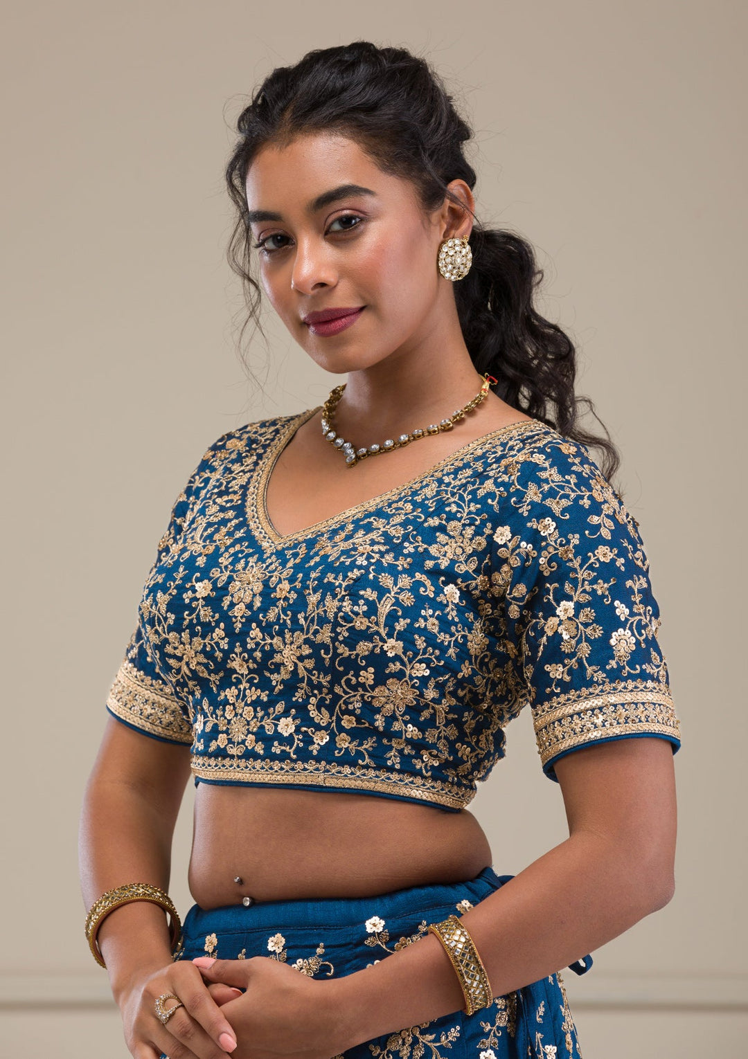 Peacock Blue Zariwork Raw Silk Readymade Lehenga-Koskii