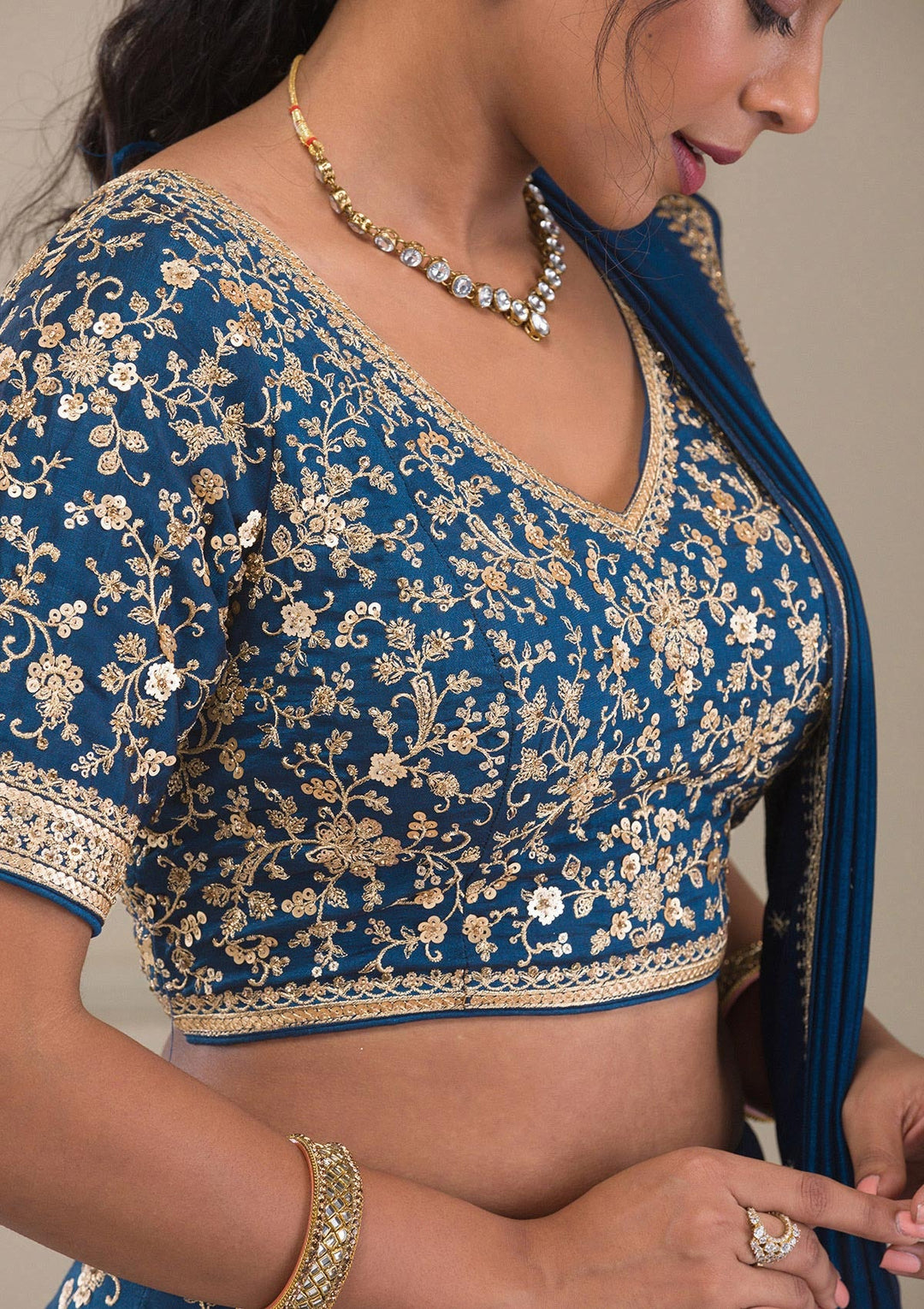 Peacock Blue Zariwork Raw Silk Readymade Lehenga-Koskii