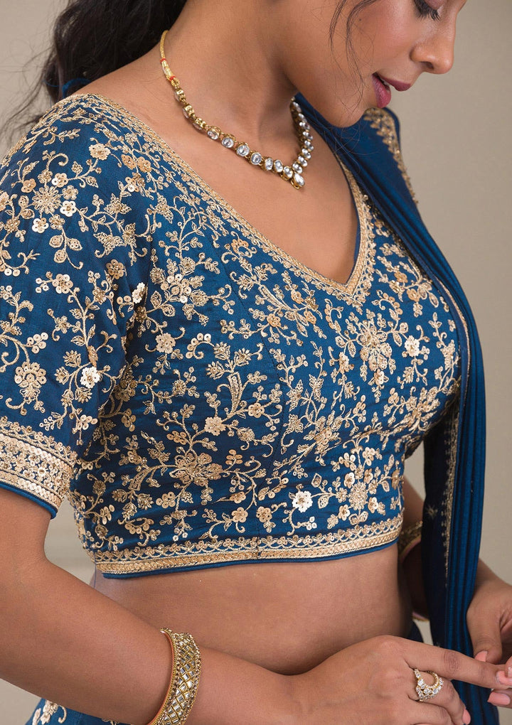 Peacock Blue Zariwork Raw Silk Readymade Lehenga-Koskii